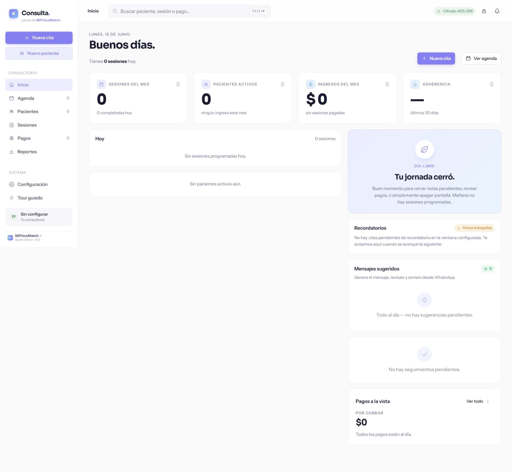 Panel del CRM Consulta: sesiones, pacientes, pagos y recordatorios
